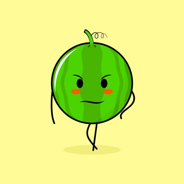personnage mignon de pastèque avec une expression cool. vert et jaune. utilisé pour émoticône, logo, mascotte
