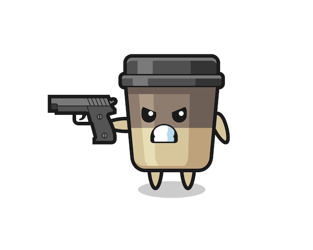 Le Personnage Mignon De Tasse De Café Tire Avec Une Arme à Feu