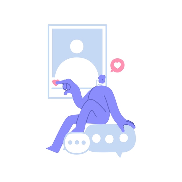 Vecteur un personnage moderne et plat est assis sur des bulles et aime sous la photo sur les réseaux sociaux
