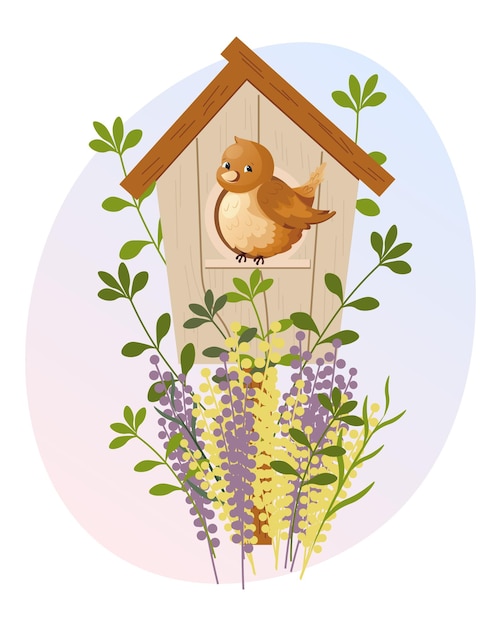 Vecteur personnage d'oiseau mignon dans un nichoir en bois avec des fleurs. illustration de printemps, impression pour enfants