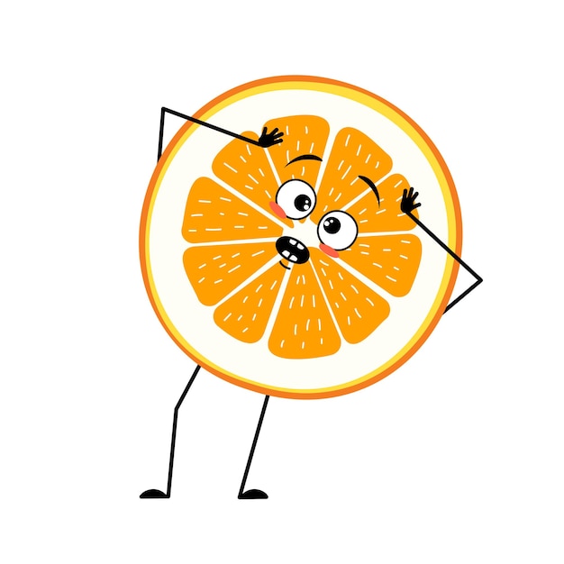 Un Personnage Orange Avec Des émotions En Panique Attrape Sa Tête, Son Visage Surpris, Ses Yeux, Ses Bras Et Ses Jambes Choqués. Personne En Tranches D'agrumes Avec Une Expression Effrayée, émoticône De Fruits. Télévision Illustration Vectorielle