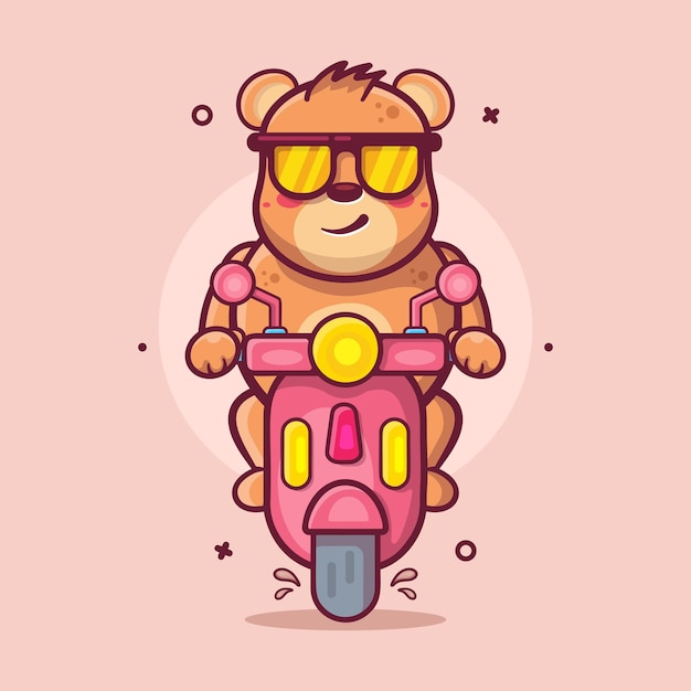 personnage d'ours animal cool mascotte à vélo scooter moto dessin animé isolé dans un style plat