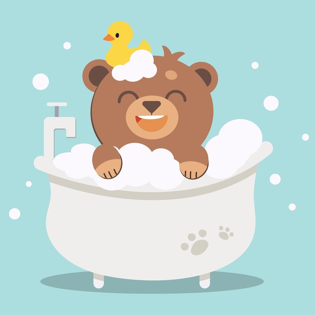 Le Personnage De L'ours Mignon Dans La Baignoire Avec Du Caoutchouc De Canard.