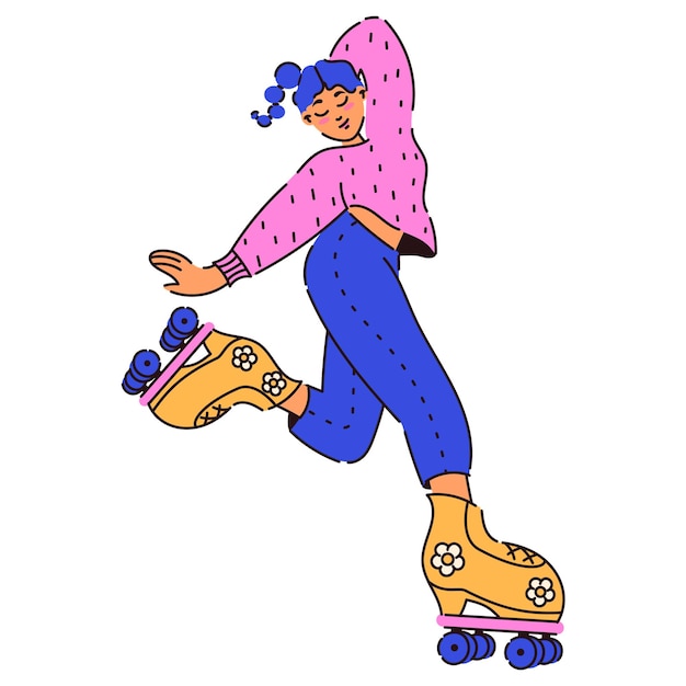 Vecteur personnage de patin à roues alignées. patins à roulettes. fille rétro aux cheveux bleus sur une planche à roulettes