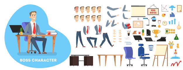 Personnage de patron d'homme d'affaires en costume pour animation avec différentes vues, coiffure, émotion, pose et geste. Différents équipements de bureau. illustration