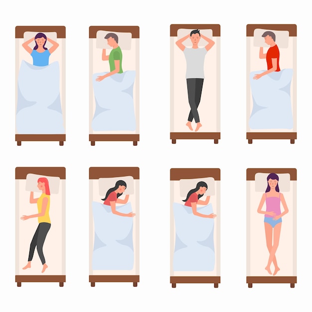 Personnage de personnes dormant dans des lits femme homme dort dans différentes poses dormant fatigué personne couchée