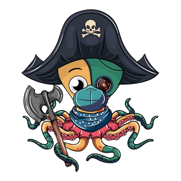 Vecteur personnage de pieuvre cyborg de dessin animé avec un masque de chapeau de pirate et une hache dans son tentacle illustration pour la science-fiction fantastique et les bandes dessinées d'aventure