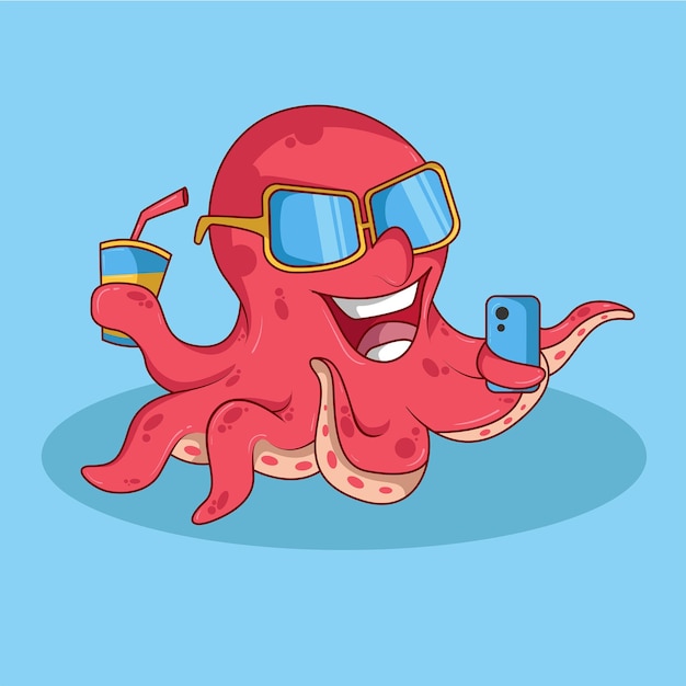 Vecteur personnage de pieuvre avec téléphone et boisson