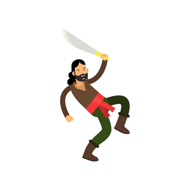 Personnage de pirate barbu en colère de dessin animé avec épée dans la pose de combat. Homme en chemise marron, pantalon vert, ceinture rouge et bottes. Chasseur de trésor. Concept de bandit de mer, flibustier. Vecteur plat isolé.