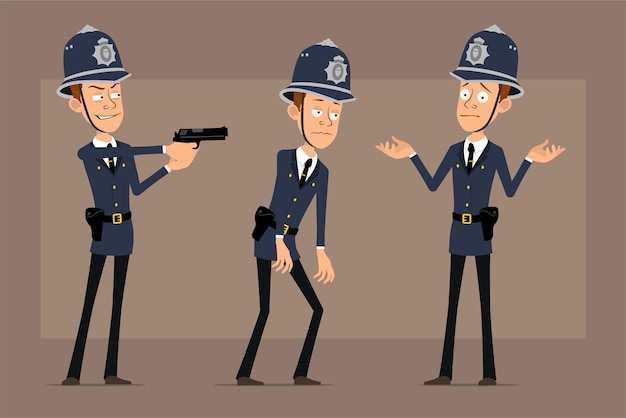 Vecteur personnage de policier britannique drôle de dessin animé en chapeau de casque bleu et uniforme. garçon fatigué et tirant du pistolet.
