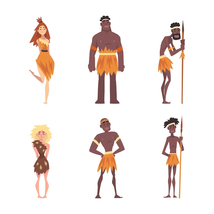 Vecteur personnage primitif de l'âge de pierre et aborigène africain portant une peau d'animal et une robe de paille