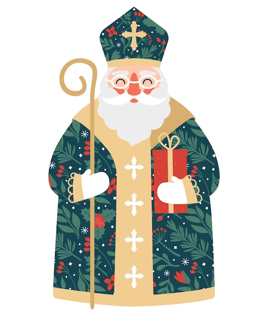 Personnage De Saint Nicolas Dans Un Style Plat Avec Bâton Et Présent à La Main. Joli Père Noël Chrétien.
