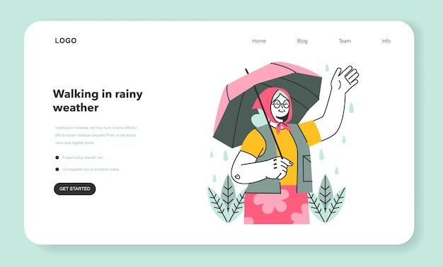 Personnage senior sous la pluie bannière web ou page de destination pluvieuse