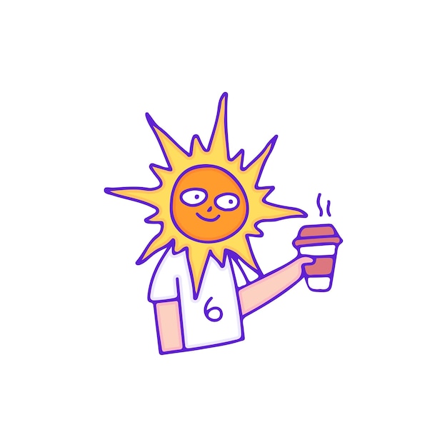 Un Personnage De Soleil Cool Boit Une Tasse De Café, Illustration Pour T-shirt, Autocollant