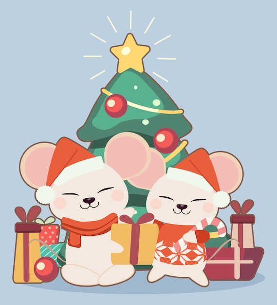 Le Personnage De Souris Mignonne Avec Une Boîte Cadeau Et Un Arbre De Noël Sur Le Fond Bleu