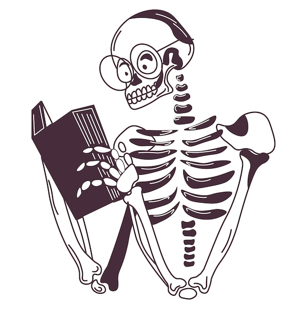 Vecteur personnage squelette portant des lunettes lisant un livre