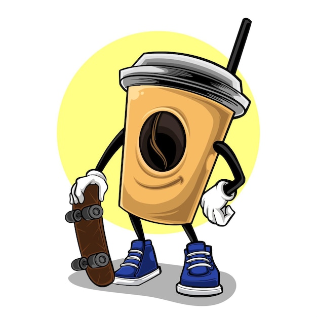 Vecteur le personnage de la tasse de café va faire du skateboard