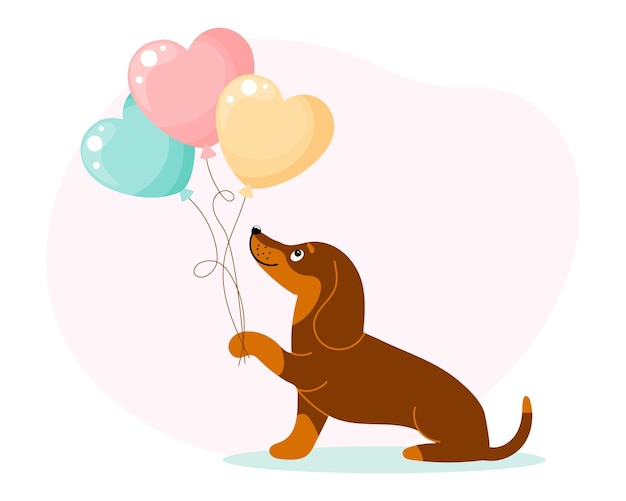 Vecteur personnage de teckel chien mignon avec des ballons en forme de coeur carte d'anniversaire vecteur de style dessin animé