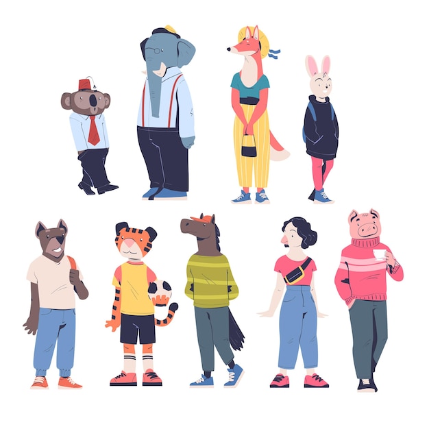 Personnage avec tête d'animal debout portant des vêtements à la mode Set vectoriel