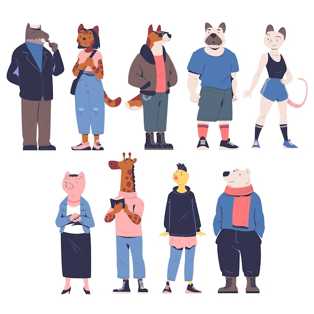 Personnage avec tête d'animal debout portant des vêtements à la mode Set vectoriel