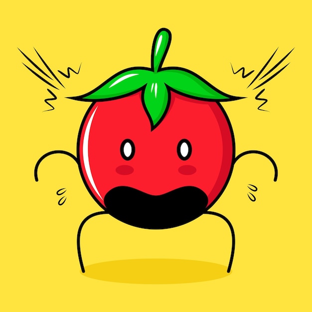 personnage de tomate mignon avec une expression choquée, la bouche ouverte et les yeux exorbités. vert, rouge et jaune