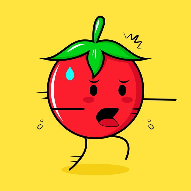 personnage de tomate mignon avec expression effrayée et course. vert, rouge et jaune