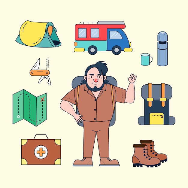 Personnage Touristique Avec équipement De Voyage Tel Que Carte, Tente, Sac à Dos, Sac De Couchage, Botte, Couteau, Voiture, Camping-car, Thermos, Verre, Trousse De Premiers Soins,