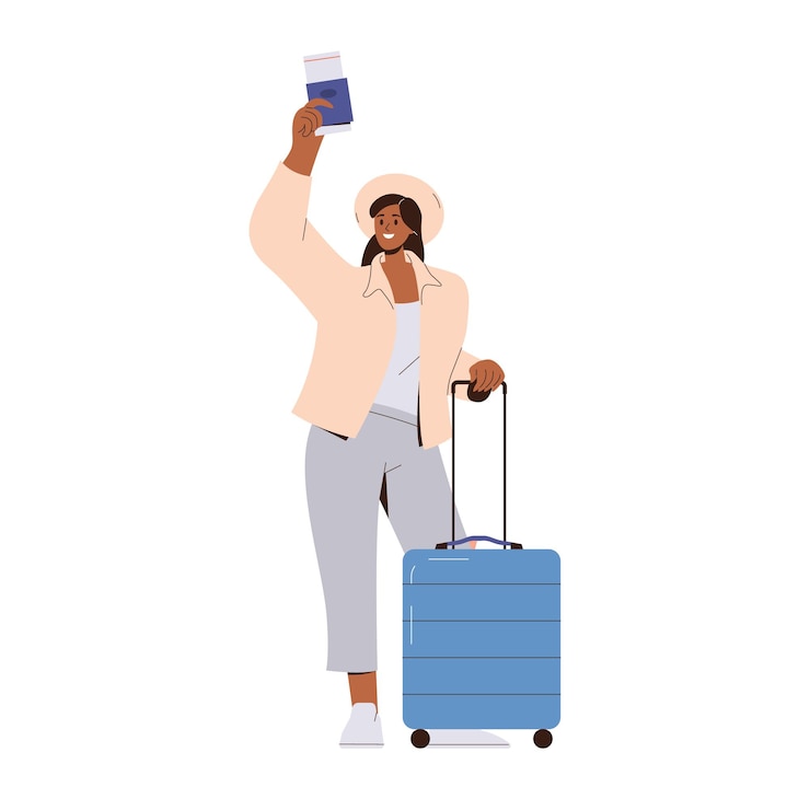 Vecteur personnage touristique de femme heureuse avec valise agitant un passeport prêt pour le voyage et l'aventure