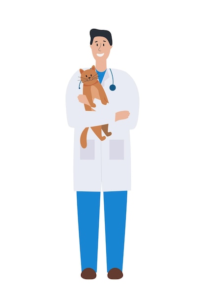 Personnage vétérinaire de dessin animé amical Docteur vétérinien avec un chat isolé sur fond blanc