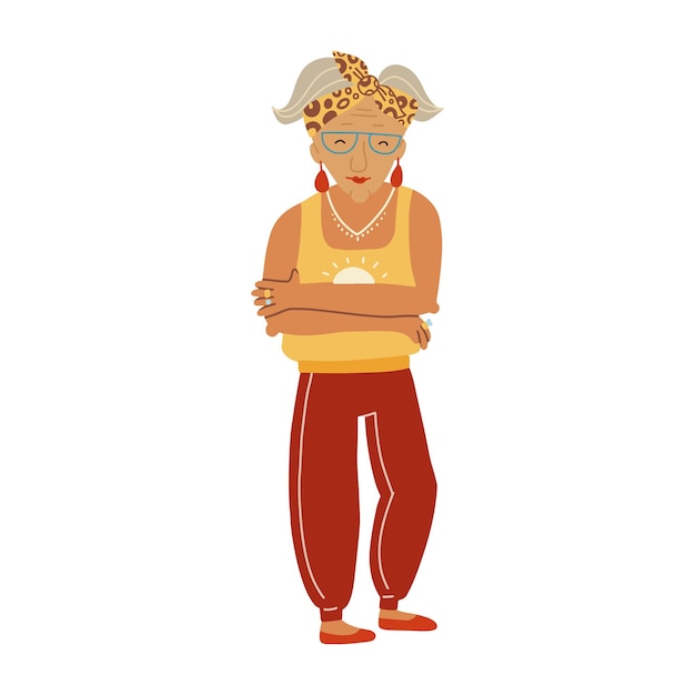 Vecteur personnage de vieille dame active en bonne santé dans les vêtements de sport décontractés à la mode femme aînée vogue
