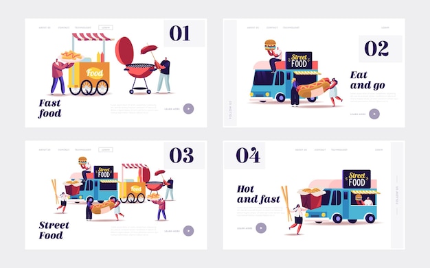 Personnages achetant un jeu de modèles de page d'atterrissage de nourriture de rue. De minuscules personnes avec d'énormes hamburgers de restauration rapide, des hot-dogs et des nouilles au wok mangeant des repas grillés indésirables de Food Truck et Bbq. Illustration vectorielle de dessin animé