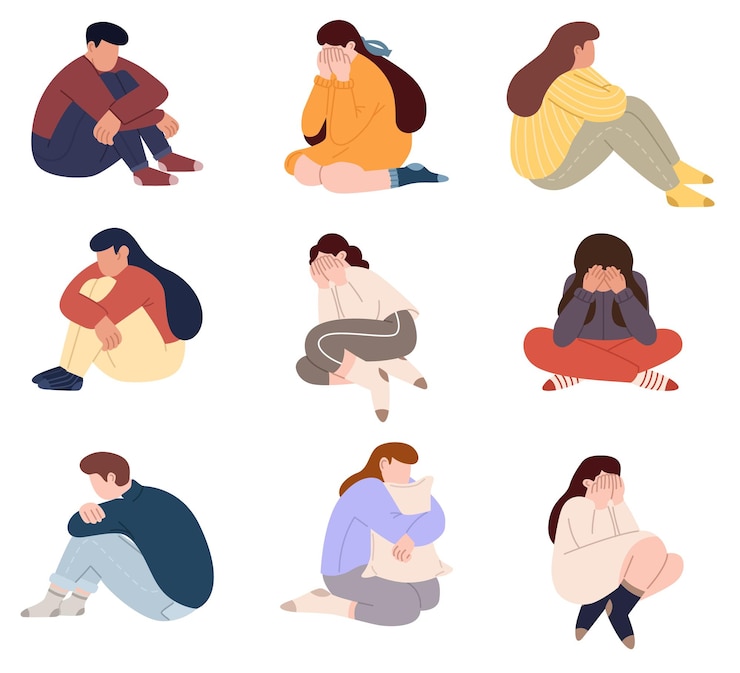 Vecteur des personnages d'adolescents déprimés et tristes avec des problèmes psychologiques, des problèmes de stress, de psychothérapie, de santé mentale.
