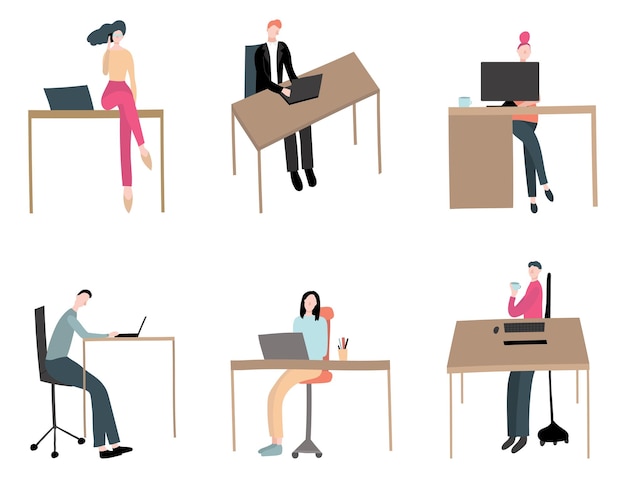 Personnages d'affaires de dessins animés Personnes travaillant à table Différents types de décor de scène Illustration vectorielle de la personne au bureau