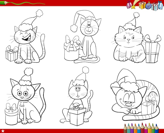 Personnages D'animaux De Chats De Dessin Animé Sur La Page De Livre De Coloriage De Jeu De Temps De Noël