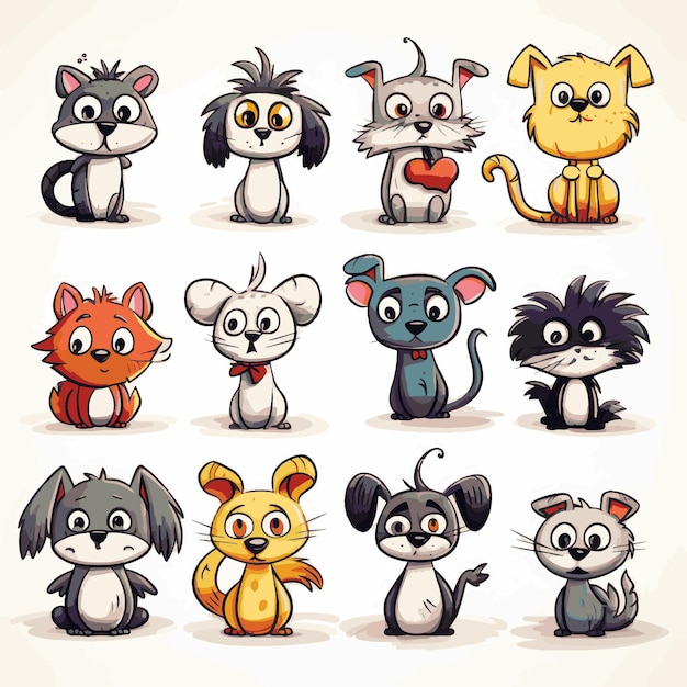 Vecteur personnages d'animaux de dessins animés dessinés à la main chien dingue chat ludique singe curieux