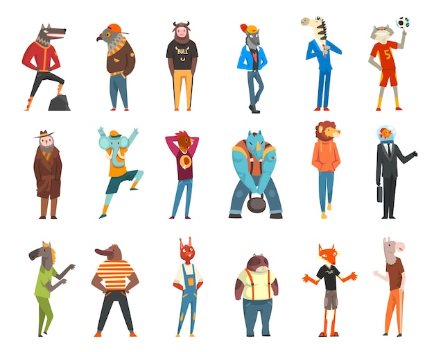 Personnages d'animaux humanisés portant des vêtements humains dans un ensemble vectoriel de poses debout