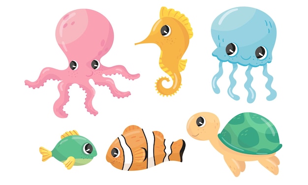Des personnages d'animaux marins drôles ensemble vectoriel concept de vie sous-marine