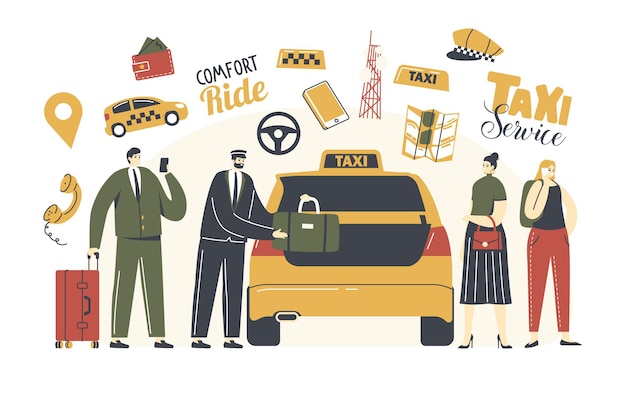 Les Personnages Appellent Le Service De Taxi. Le Chauffeur En Uniforme Met Les Bagages Des Passagers Dans La Cabine Jaune.