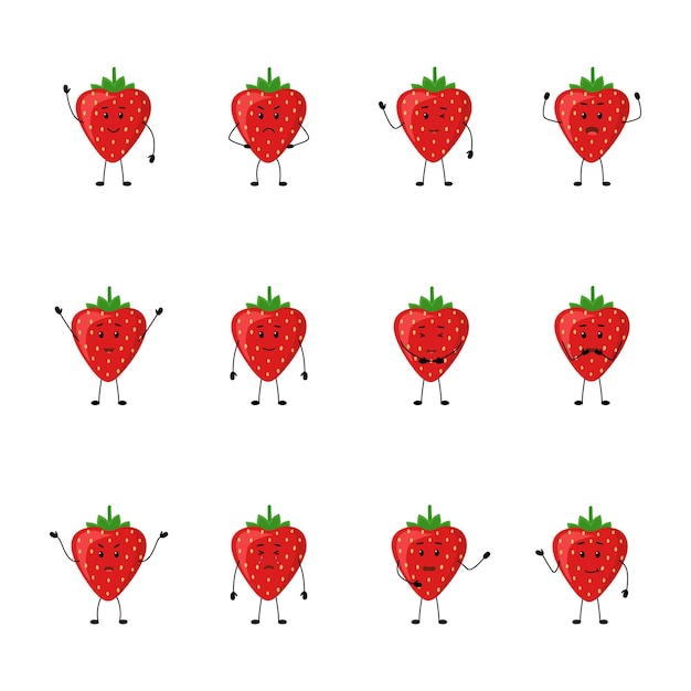 Personnages De Baies Mignon Fraise Avec Différentes émotions Vector Illustration