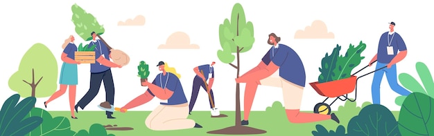 Personnages bénévoles Planter des semis Faire pousser des arbres Personnes travaillant dans le jardin Journée mondiale de l'environnement Reboisement