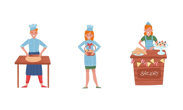 Personnages de boulanger souriants cuisant du pain et faisant des confiseries Illustrations vectorielles Femme portant un panier avec des cupcakes et debout au comptoir