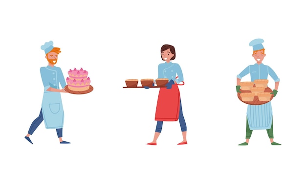 Vecteur des personnages de boulanger souriants cuisant du pain et faisant des confiseries illustrations vectorielles un homme portant un gâteau sur un plateau et une femme tenant du pain chaud