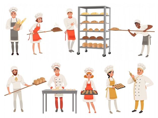 Vecteur personnages de boulangers avec du pain et des ustensiles de cuisine.