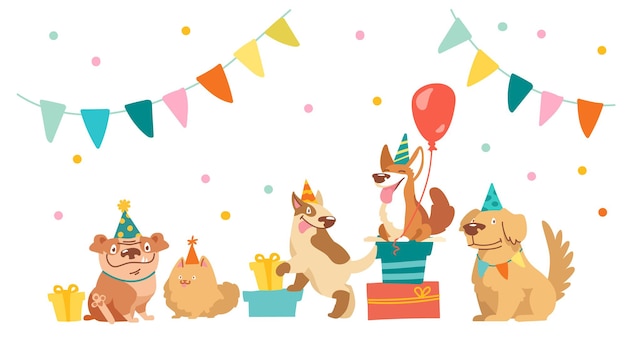 Vecteur les personnages bulldog, bull terrier, corgi et spitz célèbrent leur joyeux anniversaire. chiens kawaii mignons avec ballons d'équipement de vacances, cadeaux et guirlandes de drapeaux, conception pour enfants. illustration vectorielle de dessin animé