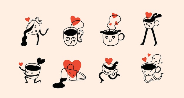 Des personnages de café drôles avec une affiche de cœur, une boisson vintage.