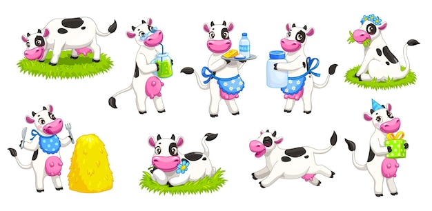 Vecteur des personnages de caricatures de vaches mignons un ensemble de vecteurs isolés