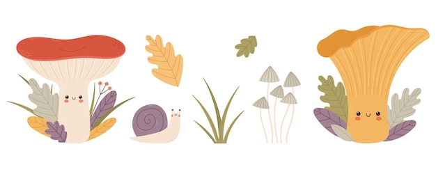 Personnages De Champignons Drôles Escargot Et Feuilles D'automne Ensemble Illustration De Vecteur De Dessin Animé Lumineux Isolé Sur Fond Blanc Pour Imprimer Des Cartes Postales, Etc.