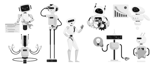 Les personnages des chatbots sont des assistants d'intelligence artificielle différents, des robots monochromes futuristes mignons.