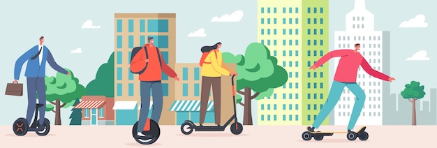 Vecteur personnages à cheval sur le transport électrique dans la ville moderne enregistrer le concept d'écologie les gens utilisent le scooter hoverboard monowheel skateboard transport écologique pour les habitants illustration vectorielle de dessin animé