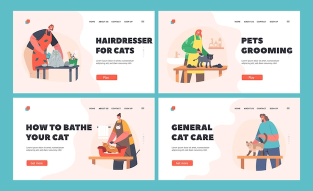 Personnages de coiffeurs Soins des chats Ensemble de modèles de page d'atterrissage Groomer Couper les ongles en laine Lavage et peigne dans le salon